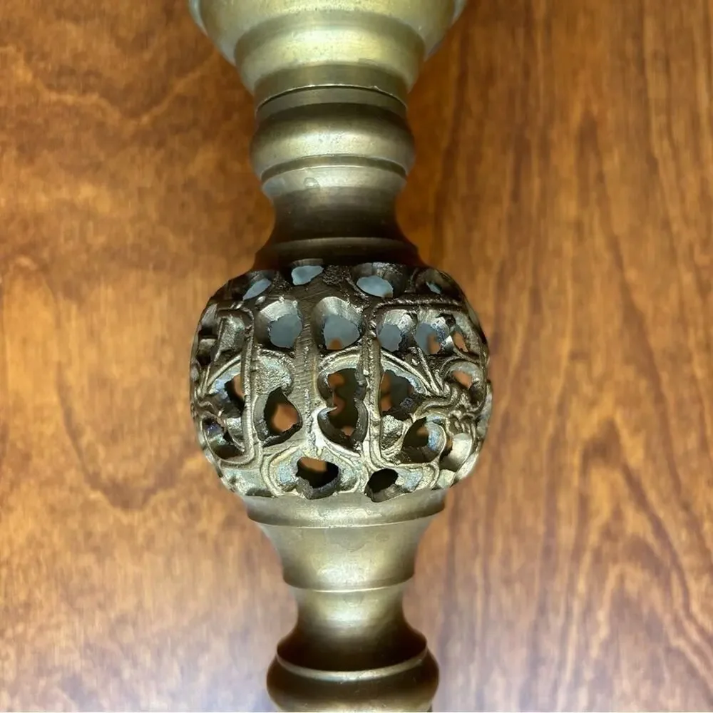 Vintage Oversized Moroccan Pierced Brass Candle Holders, Set of 2, Nice Patina